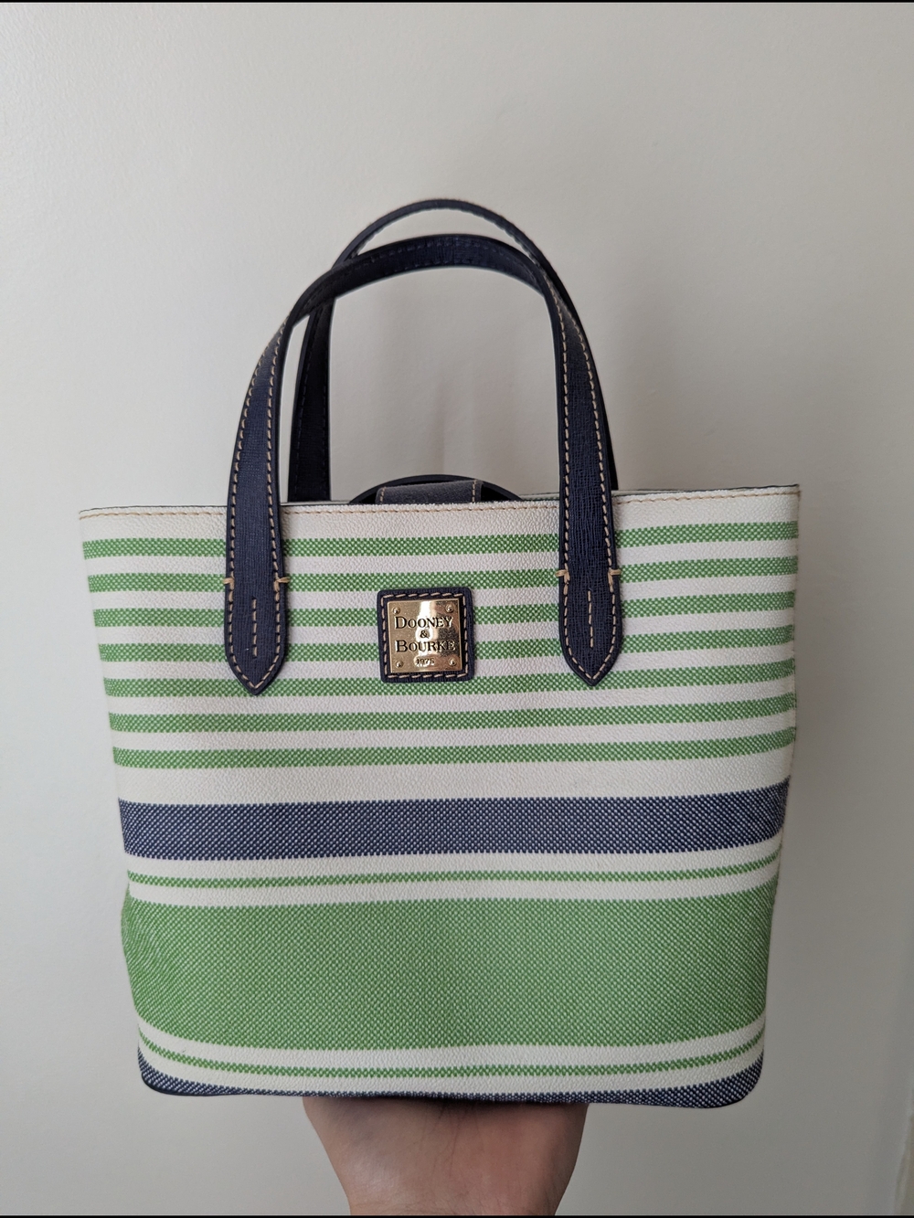 Navy Leather-Trim Canvas Tote Bag with Red Interior